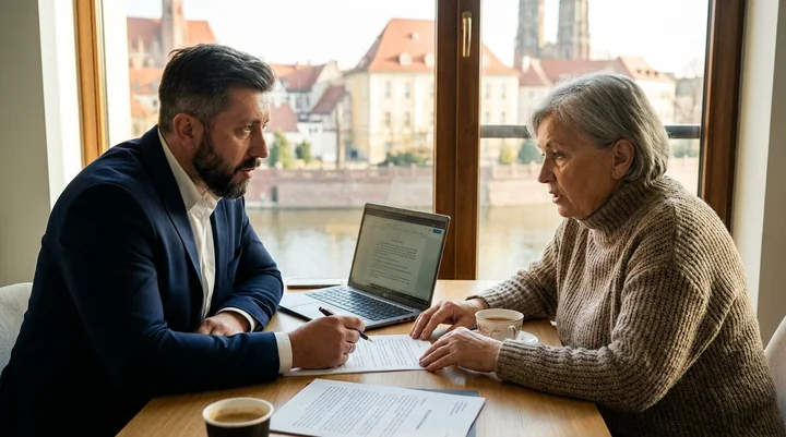 Mężczyzna i starsza kobieta przy stole omawiają dokumenty, obok laptop i filiżanki