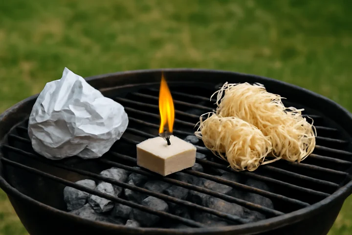 Zdjęcie obrazuje podpałkę do grilla położoną na ruszcie