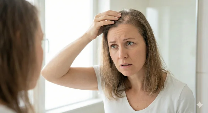 Kobieta w średnim wieku w lustrze dotyka przerzedzonych włosów przy przedziałku, zmartwiona.