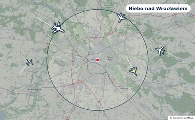 Mapa okolic miasta z sylwetkami samolotów — Niebo nad Wrocławiem na żywo