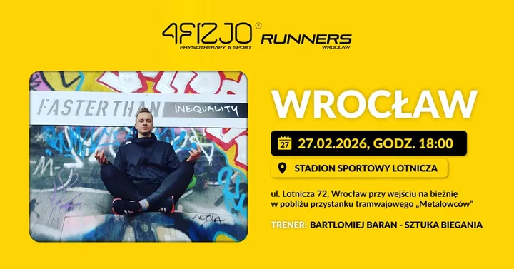 Grafika promocyjna wydarzenia 4FIZJO Runners Wrocław — otwarty trening biegowy z Bartłomiejem Baranem