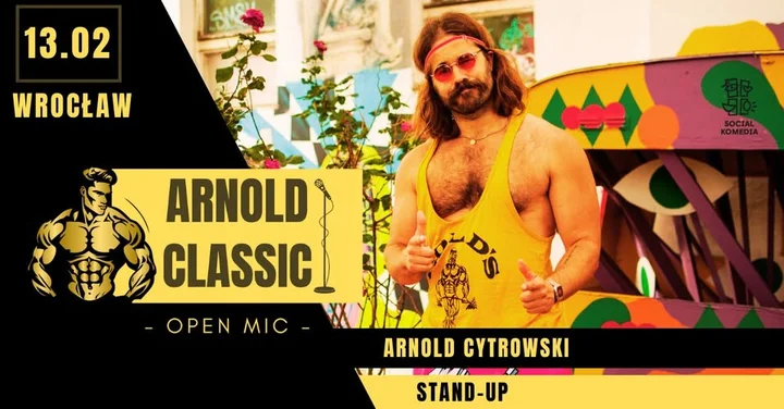 Grafika promocyjna wydarzenia Arnold Classic — stand-up (otwarta scena) we Wrocławiu