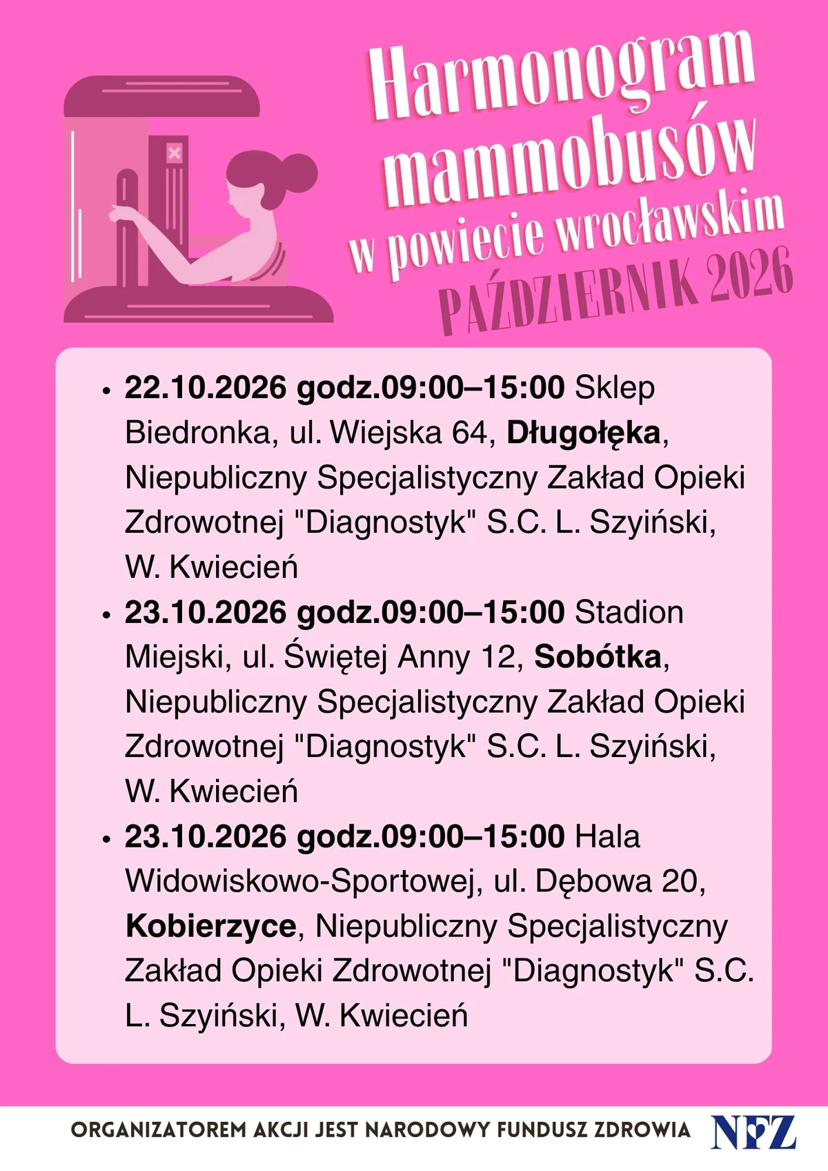 Grafika promocyjna wydarzenia Bezpłatna mammografia w mammobusie – Długołęka