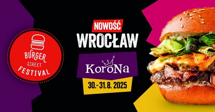 Obrazek przedstawia grafikę promocyjną wydarzenia Festiwal burgerów w Centrum Handlowym Korona we Wrocławiu
