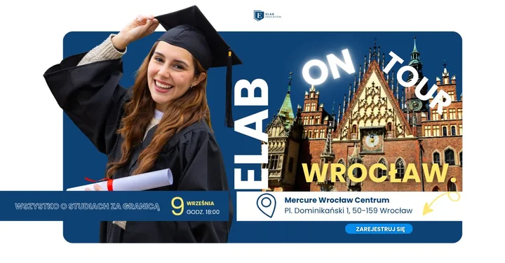 Obrazek przedstawia grafikę promocyjną wydarzenia Spotkanie informacyjne o studiach za granicą we Wrocławiu