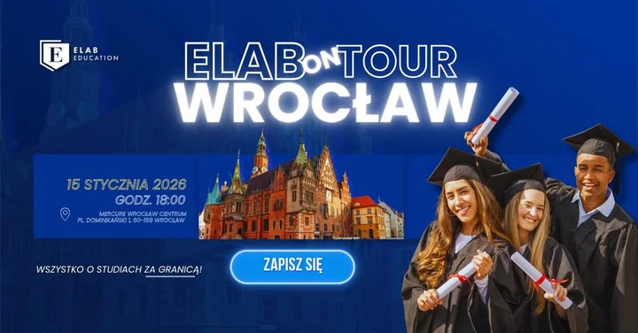 Grafika promocyjna wydarzenia Elab on Tour: Wrocław — jak aplikować na studia za granicą