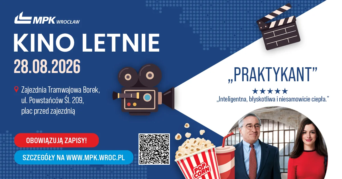 Grafika promocyjna wydarzenia Kino plenerowe z MPK – seans filmu „Praktykant”