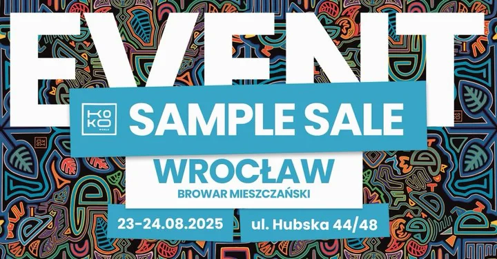 Obrazek przedstawia grafikę promocyjną wydarzenia Wyprzedaż sample i ostatnie egzemplarze kolekcji KOKOworld we Wrocławiu