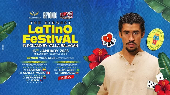 Grafika promocyjna wydarzenia LATINO FESTIVAL (Yalla Balagan) — reggaeton, bachata i salsa we Wrocławiu