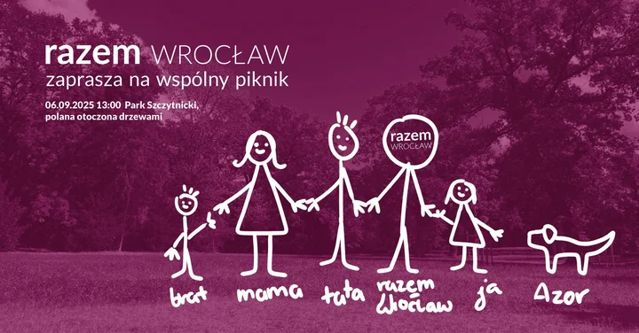 Obrazek przedstawia grafikę promocyjną wydarzenia Piknik rodzinny w Parku Szczytnickim — letnie spotkanie społeczności