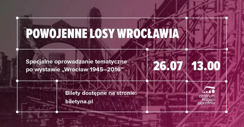 Grafika promocyjna wydarzenia Powojenne losy Wrocławia – oprowadzanie specjalne: historia miasta