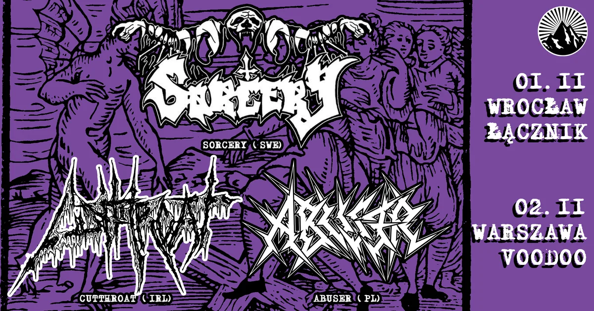 Grafika promocyjna wydarzenia SORCERY, CUTTHROAT, ABUSER – metal we Wrocławiu