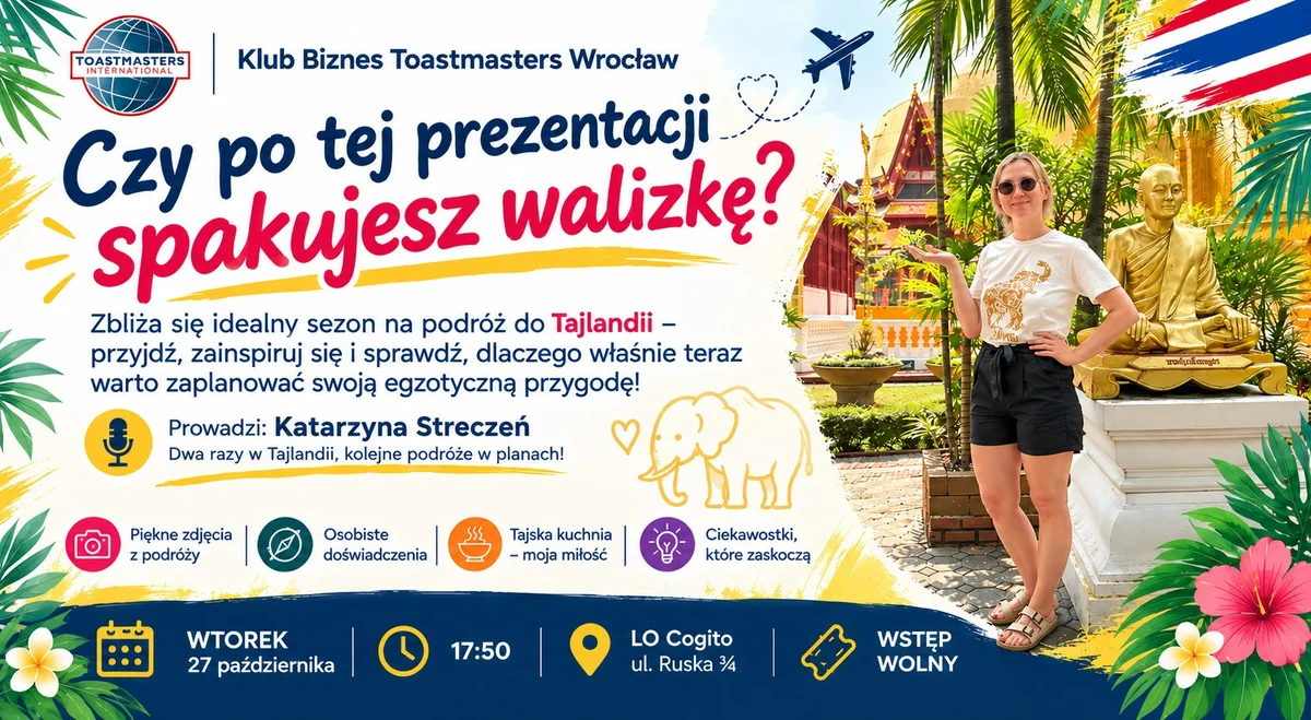 Grafika promocyjna wydarzenia Biznes Toastmasters Wrocław: Tajlandia w opowieściach