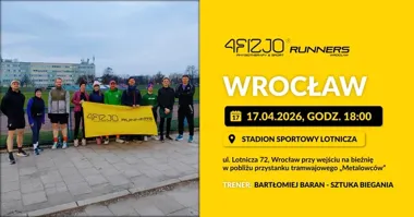 Grafika promocyjna wydarzenia 4FIZJO Runners Wrocław: otwarty trening biegowy dla każdego