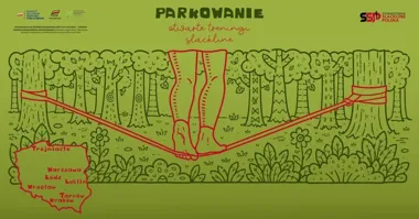 Grafika promocyjna wydarzenia Parkowanie – Slackline Wrocław: darmowe treningi na taśmie w parku Juliusza Słowackiego