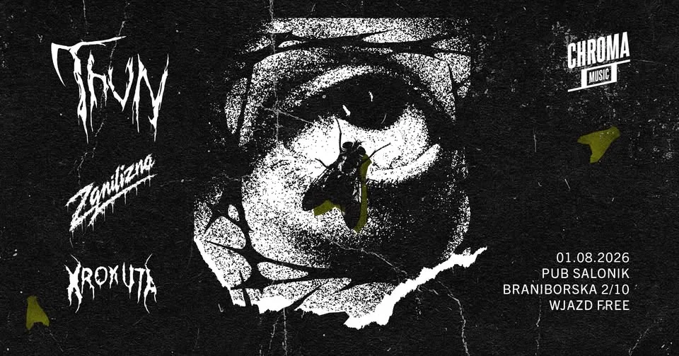 Grafika promocyjna wydarzenia THVN • ZGNILIZNA • KROKUTA – metalowy wieczór