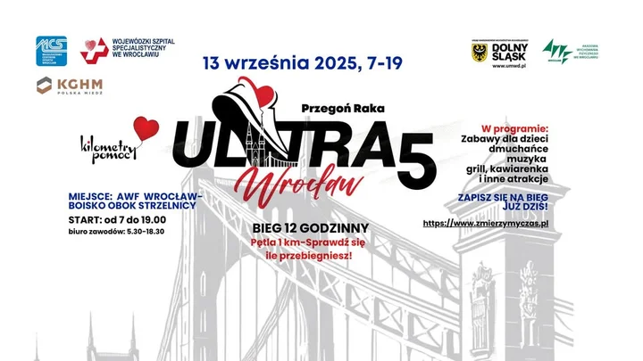 Obrazek przedstawia grafikę promocyjną wydarzenia 12-godzinny bieg charytatywny na Stadionie Olimpijskim we Wrocławiu