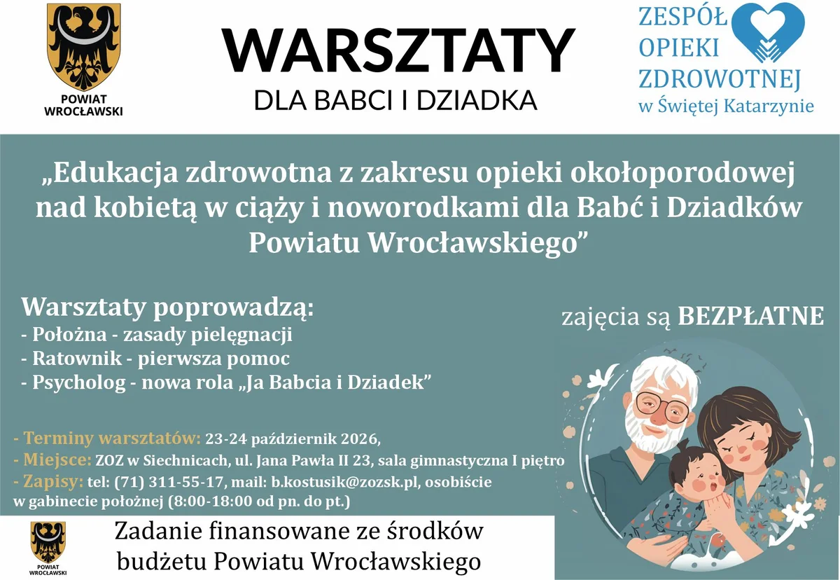 Grafika promocyjna wydarzenia Warsztaty dla babć i dziadków o opiece nad noworodkiem w Siechnicach