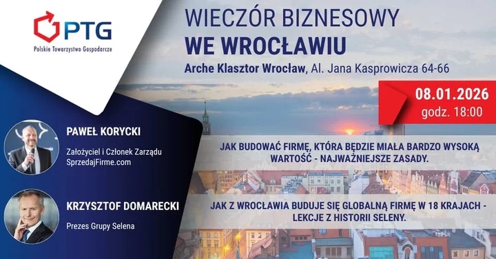 Grafika promocyjna wydarzenia Wieczór Biznesowy PTG Wrocław — praktyczne lekcje o wartości firmy i ekspansji zagranicznej
