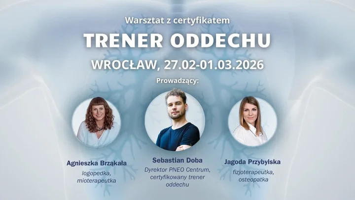 Grafika promocyjna wydarzenia Trener Oddechu — trzydniowy warsztat we Wrocławiu (certyfikat)