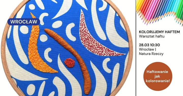 Grafika promocyjna wydarzenia Wrocław: kolorowanie haftem — warsztat haftu jako sposób na wyciszenie
