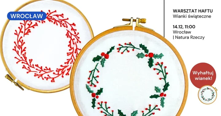 Grafika promocyjna wydarzenia Wrocław: wianki świąteczne! — warsztat haftu