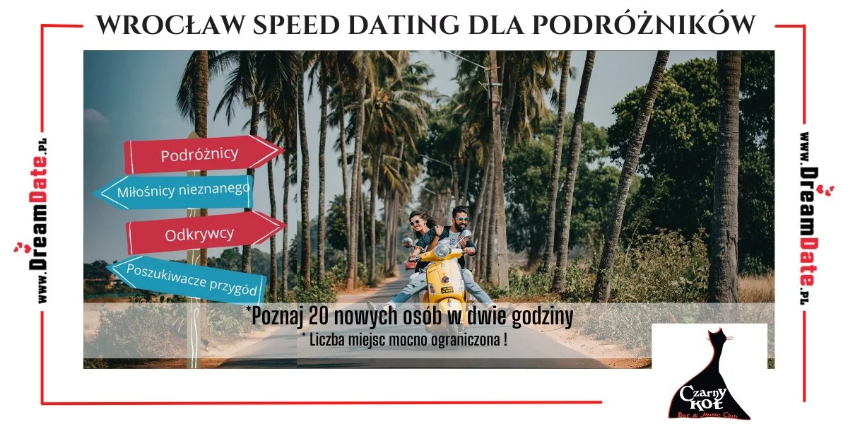 Grafika promocyjna wydarzenia Wrocławskie szybkie randki dla miłośników podróży w wieku 25-40 lat
