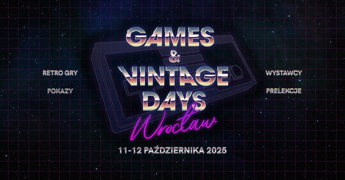 Grafika promocyjna wydarzenia Wydarzenie poświęcone retro grom i sprzętowi elektronicznemu we Wrocławiu