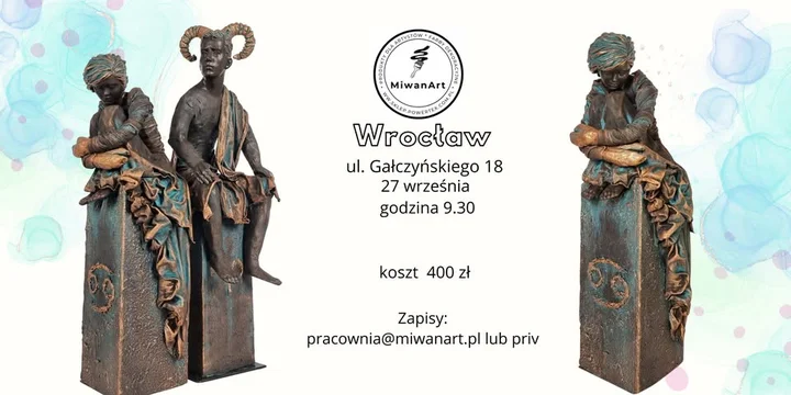 Obrazek przedstawia grafikę promocyjną wydarzenia Warsztaty rzeźbiarskie „Znaki zodiaku” — tworzenie postaci inspirowanych astrologią