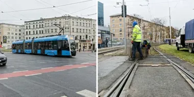 Uszkodzone torowisko przy Placu Legionów. Trzy linie nadal jadą objazdem
