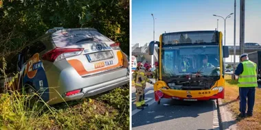 Zderzenie przy Koronie. Ranni kierowcy autobusu i taksówki