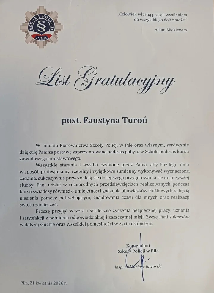 Pochwała z Piły trafiła do Wrocławia - doceniono policjantkę po kursie