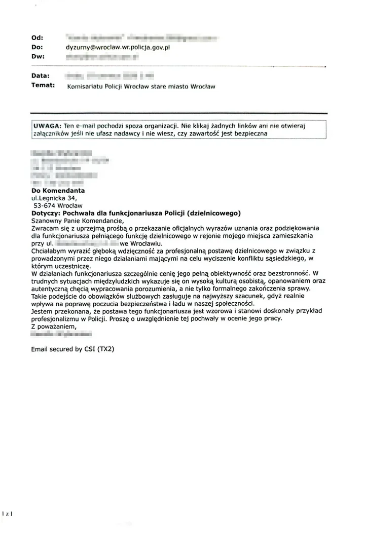 Mieszkanka Wrocławia podziękowała policjantowi. Poszło o konflikt sąsiedzki