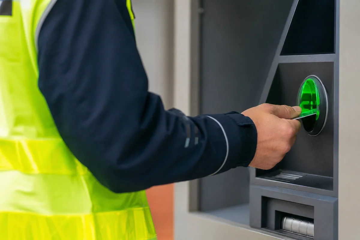 Pracownik w żółtej kamizelce odblaskowej wkłada kartę do bankomatu.