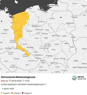 Mapa Polski z ostrzeżeniem meteorologicznym pierwszego stopnia o gęstej mgle na zachodzie kraju, stan na 29.10.2026, godz. 11:54.