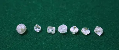 Siedem surowych, nieoszlifowanych diamentów leży na ciemnozielonym aksamitnym tle.